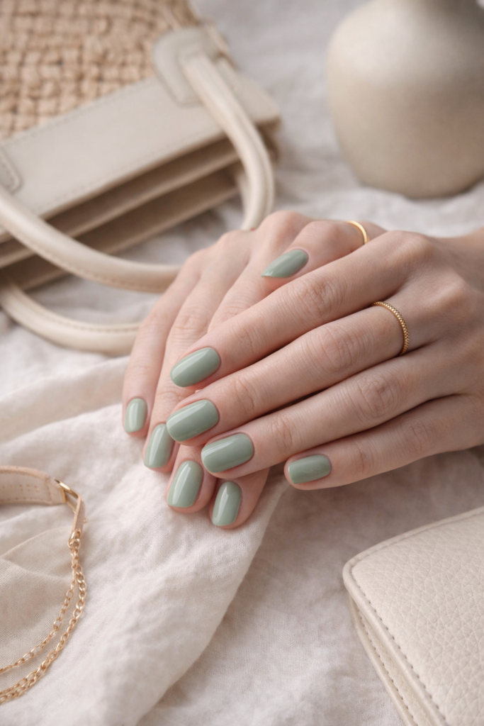 Manucure vert sauge sur ongles courts forme amande tendance ongle printemps 2026