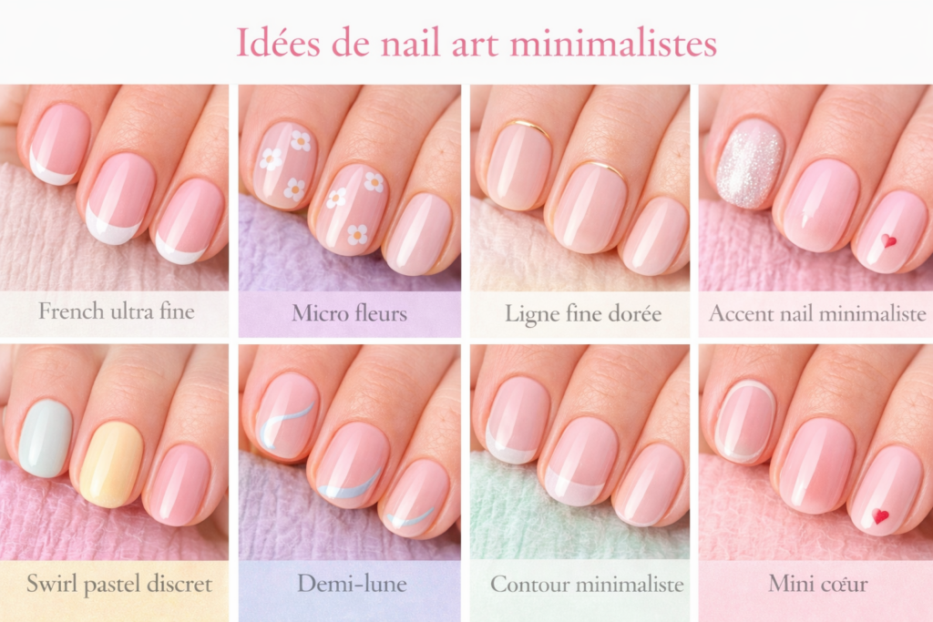 nail art minimaliste printemps 2026 french fine micro fleurs ligne doree swirl pastel demi lune mini coeur manucure minimaliste