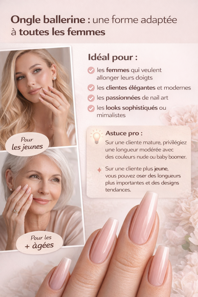 ongle ballerine femme jeune et mature style nude baby boomer forme coffin tendance ongles élégants