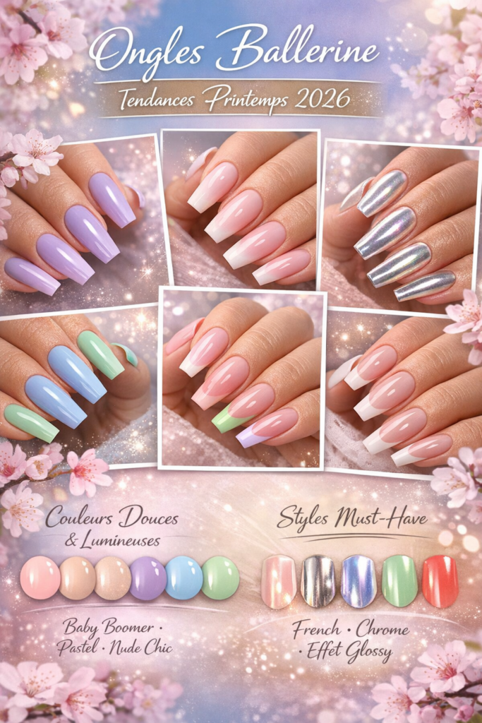 ongles ballerine tendances 2026 pastel baby boomer french chrome couleurs printemps nail art coffin