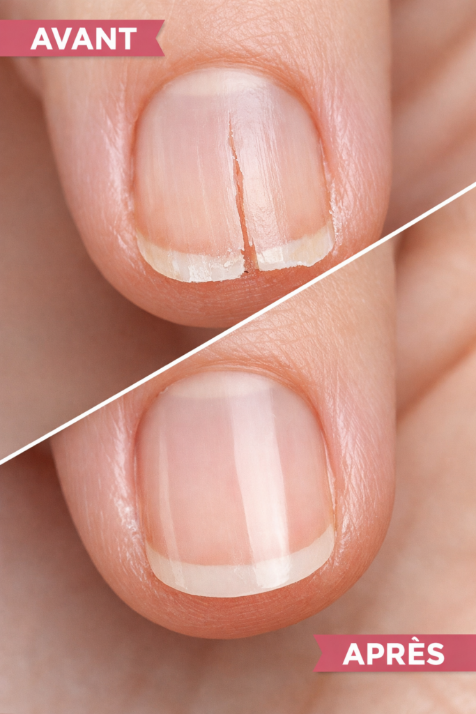 ongle fendu avant après réparation fissure ongle naturel renforcé soin ibx