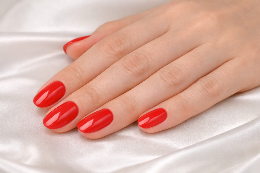 Main à plat avec ongles courts en forme arrondie et vernis rouge brillant
