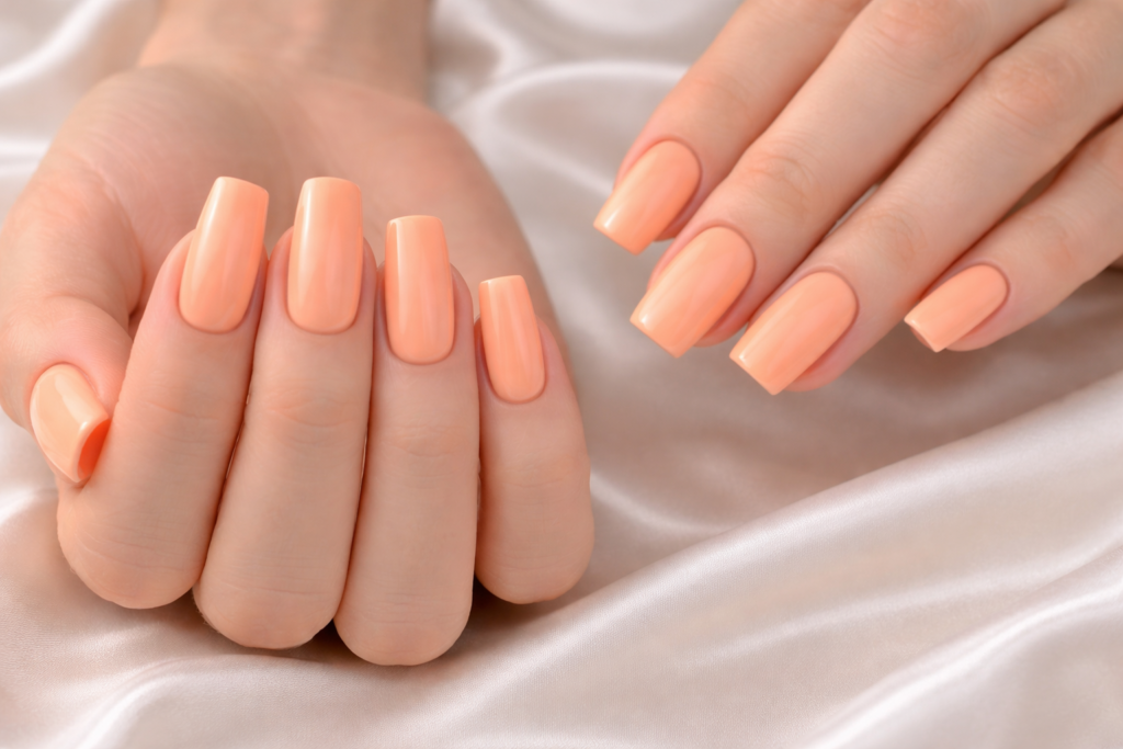 Deux mains avec ongles en forme carrée et vernis pêche pastel brillant