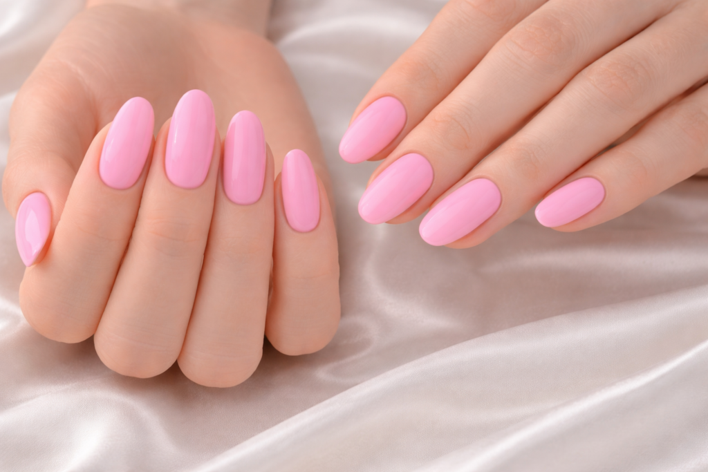 Deux mains avec ongles en forme ovale et vernis rose pastel brillant