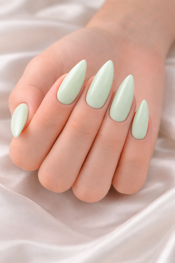 Main avec ongles en forme pointe montagne et vernis vert pastel brillant