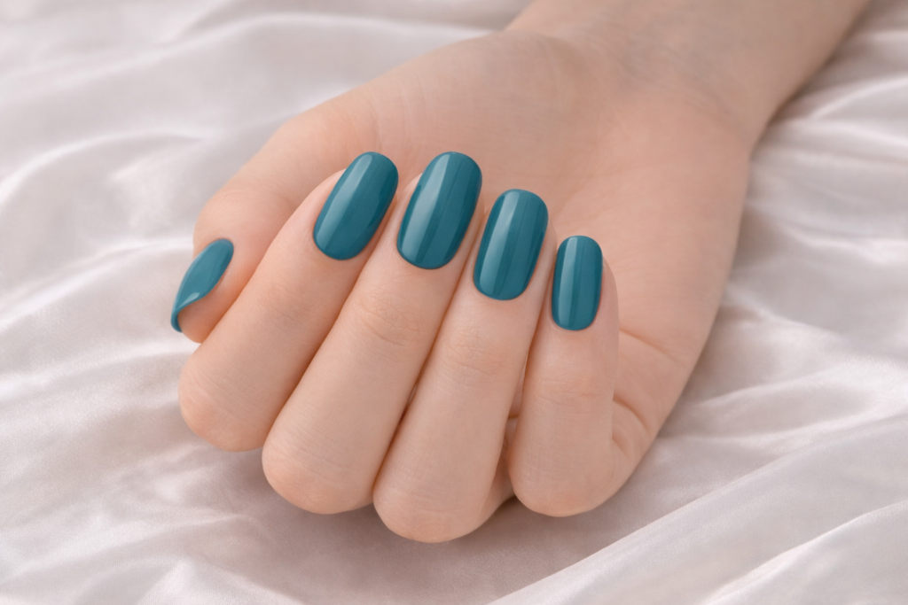 Main avec ongles en forme squoval et vernis bleu vert brillant