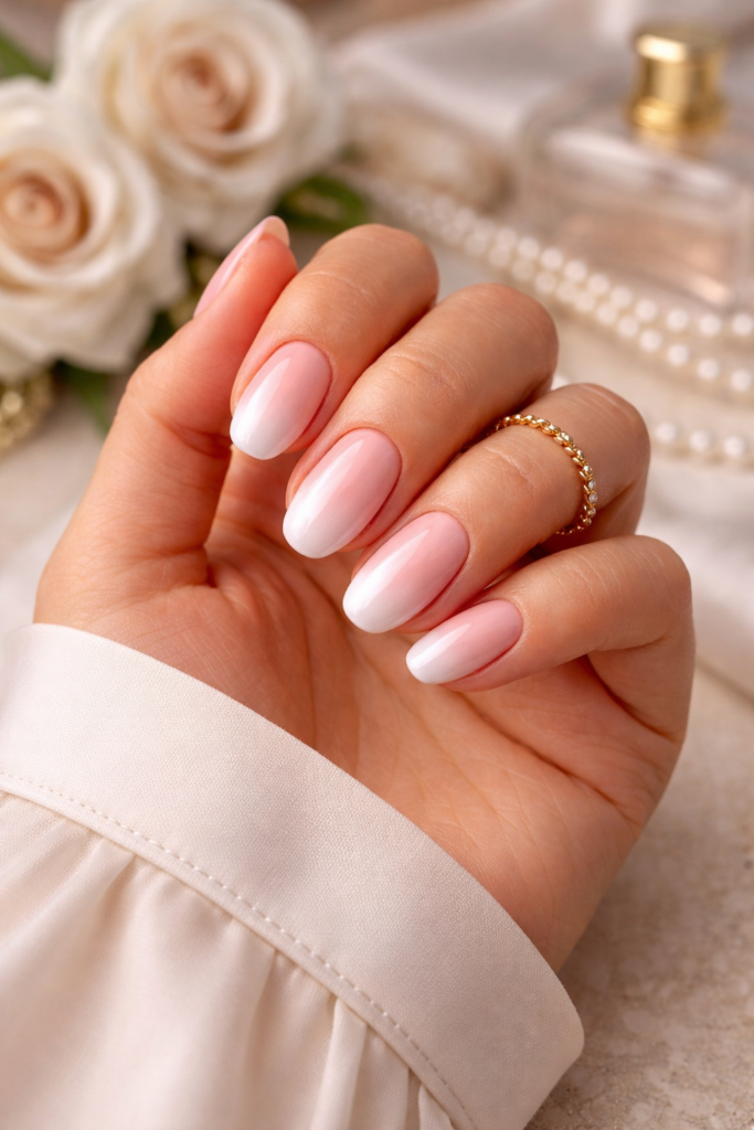 ongles baby boomer élégants dégradé rose blanc manucure chic
