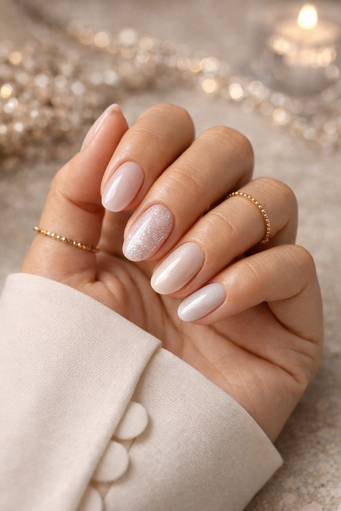 ongles brillants chic manucure nude paillettes fines effet glossy élégant