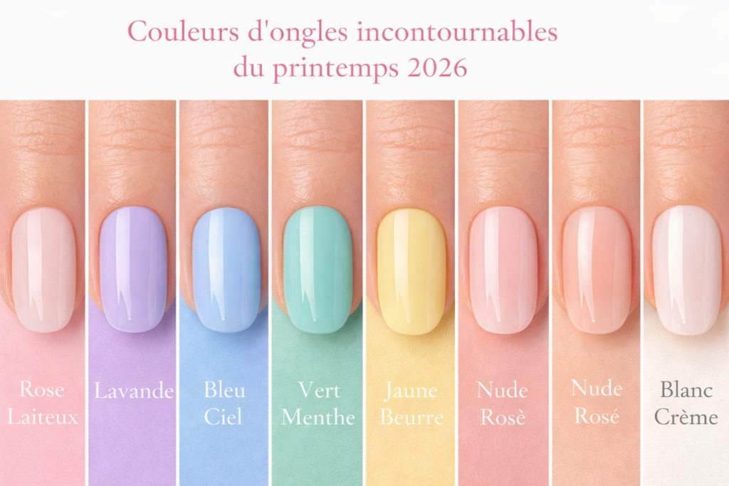 couleurs ongles printemps 2026 pastel rose lavande bleu ciel vert menthe jaune beurre nude rosé blanc crème