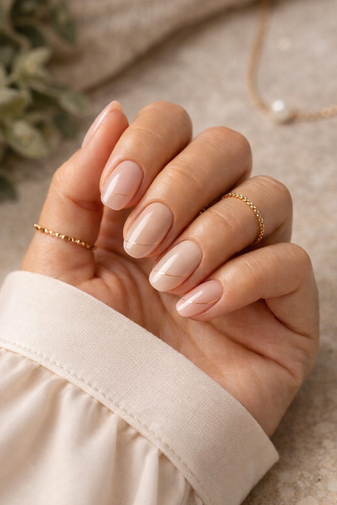 ongles minimalistes élégants manucure nude ligne dorée