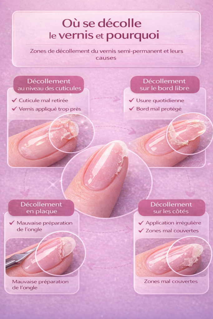 vernis semi permanent qui se décolle aux cuticules bord libre côtés et en plaque causes du décollement
