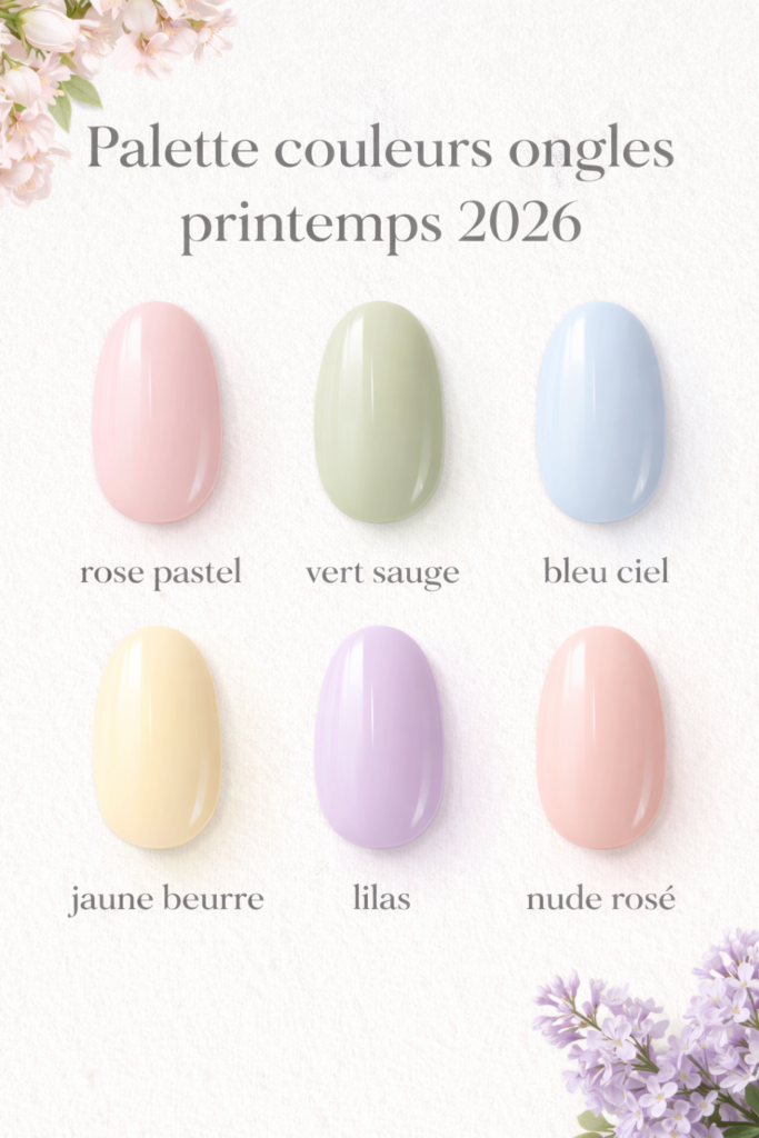 Palette couleurs ongles printemps 2026 avec rose pastel vert sauge bleu ciel jaune beurre lilas et nude rosé