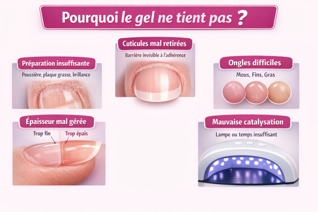 pourquoi gel ne tient pas ongles causes gel uv led mauvaise adhérence ongles préparation cuticules épaisseur gel polymérisation lampe problème tenue gel