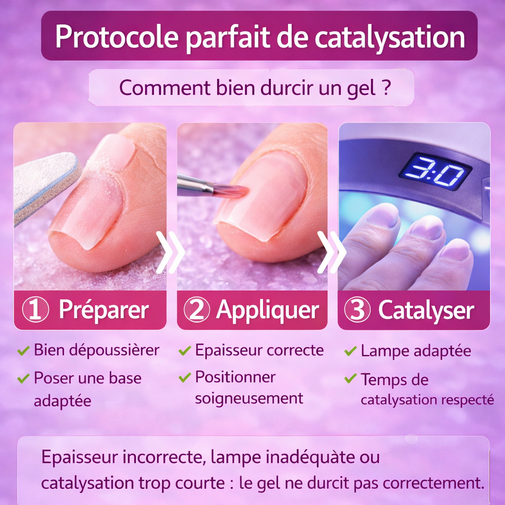 protocole catalysation gel ongle etapes preparer appliquer catalyser gel uv led ne durcit pas solution