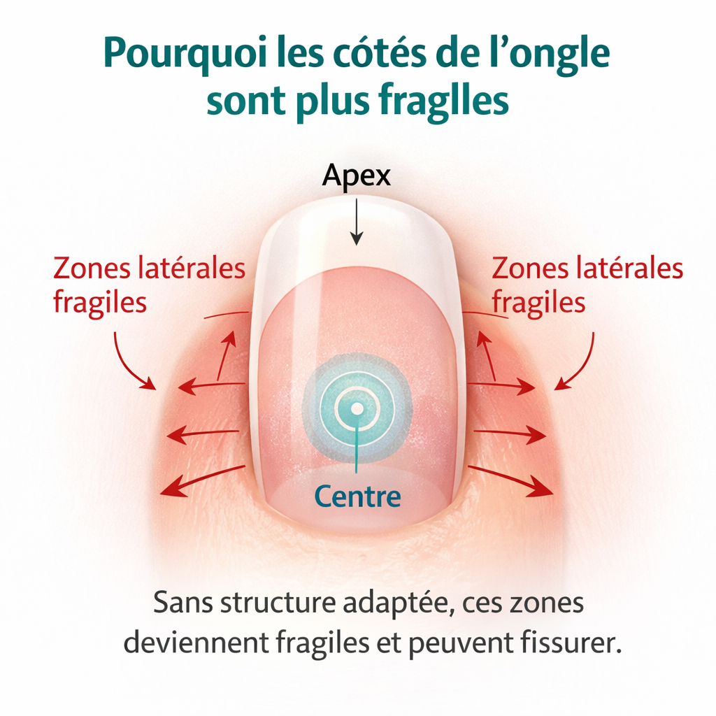 zones laterales ongle gel fragiles schema tension apex centre structure ongle gel fissure cotes