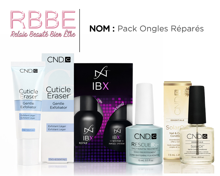 Pack soins ongles réparés avec IBX Duo, CND Cuticle Eraser, Solar Oil et RescueRxx pour renforcer les ongles mous, dédoublés et cassants