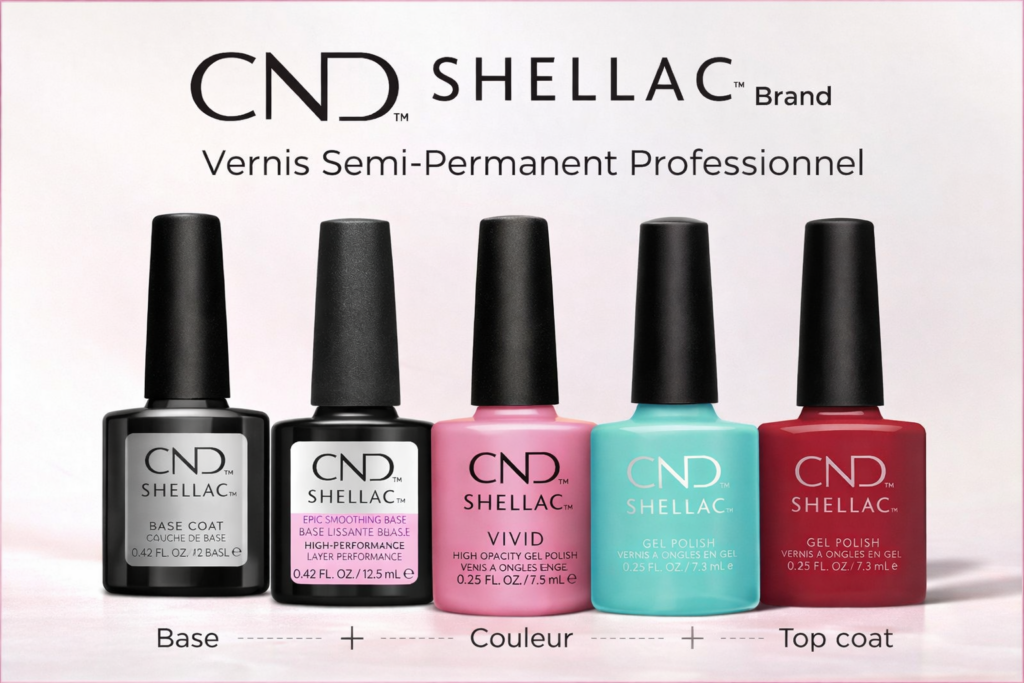 Vernis Shellac CND systeme complet base coat couleur et top coat vernis semi permanent professionnel