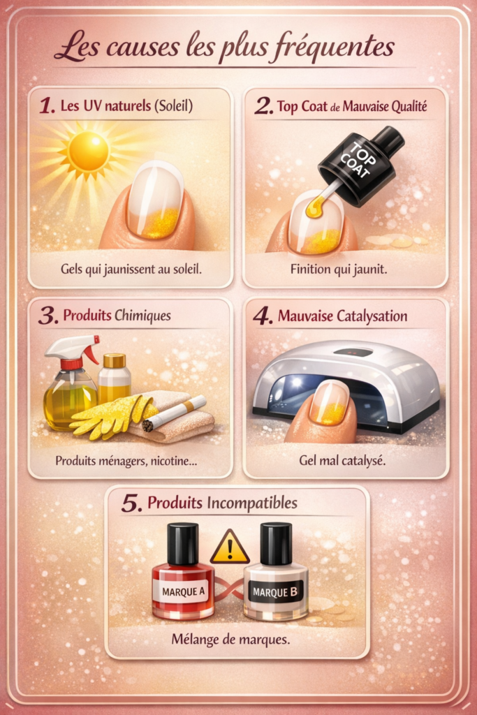 Infographie expliquant les causes du gel qui jaunit : exposition aux UV, top coat de mauvaise qualité, produits chimiques, mauvaise catalysation et incompatibilité de produits