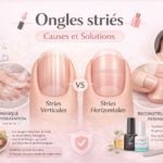 Illustration ongles striés avec comparaison stries verticales et horizontales causes et solutions pour lisser les ongles