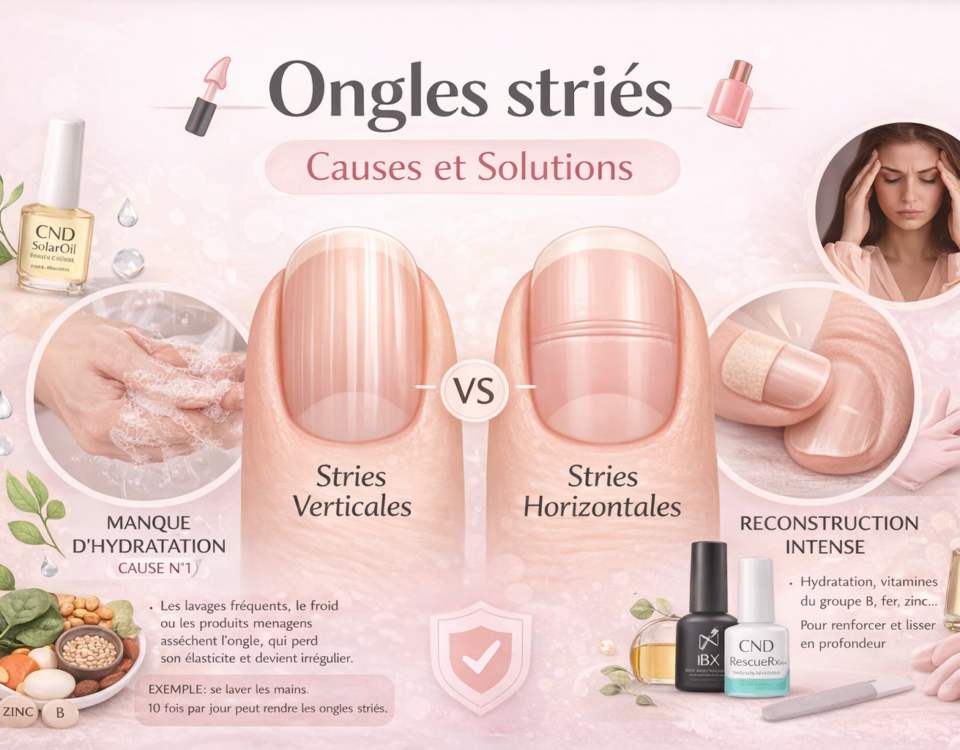 Illustration ongles striés avec comparaison stries verticales et horizontales causes et solutions pour lisser les ongles
