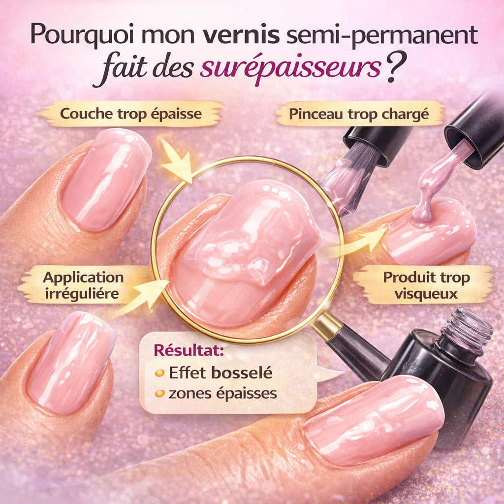 Infographie montrant les causes des surépaisseurs en vernis semi-permanent : couche trop épaisse, pinceau trop chargé, application irrégulière et produit visqueux