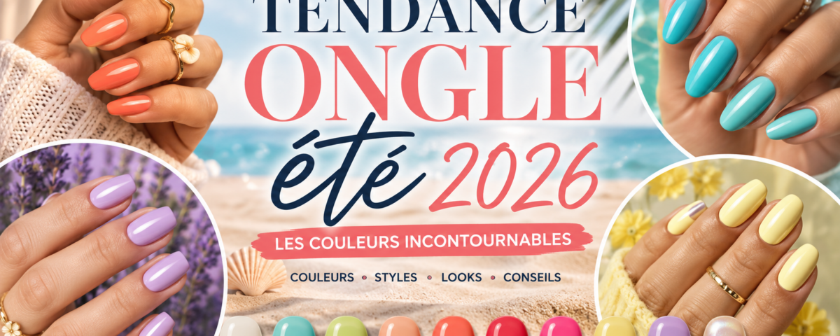 Tendance ongle été 2026 avec manucures corail, turquoise, lavande, jaune pastel et effet nacré pour inspirations couleurs été