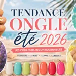 Tendance ongle été 2026 avec manucures corail, turquoise, lavande, jaune pastel et effet nacré pour inspirations couleurs été