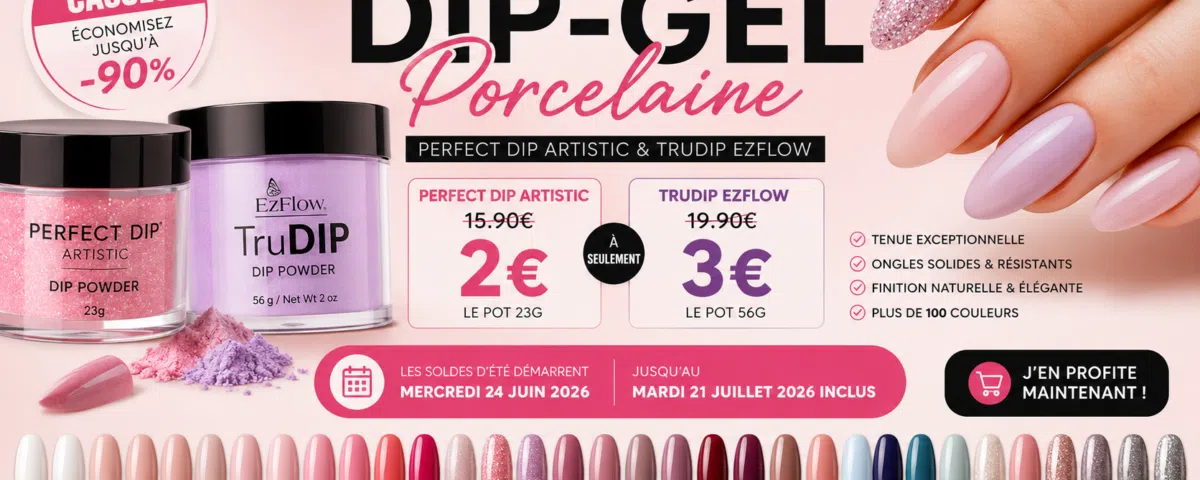 Soldes d'été 2026 sur les poudres DIP Powder et Gel Porcelaine professionnelles Perfect DIP Artistic et TruDIP EZFlow jusqu'à -90 % chez RBBE