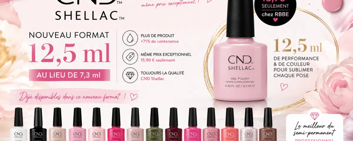 Nouveau format CND Shellac 12,5 ml au lieu de 7,3 ml, disponible à 15,90 € chez RBBE
