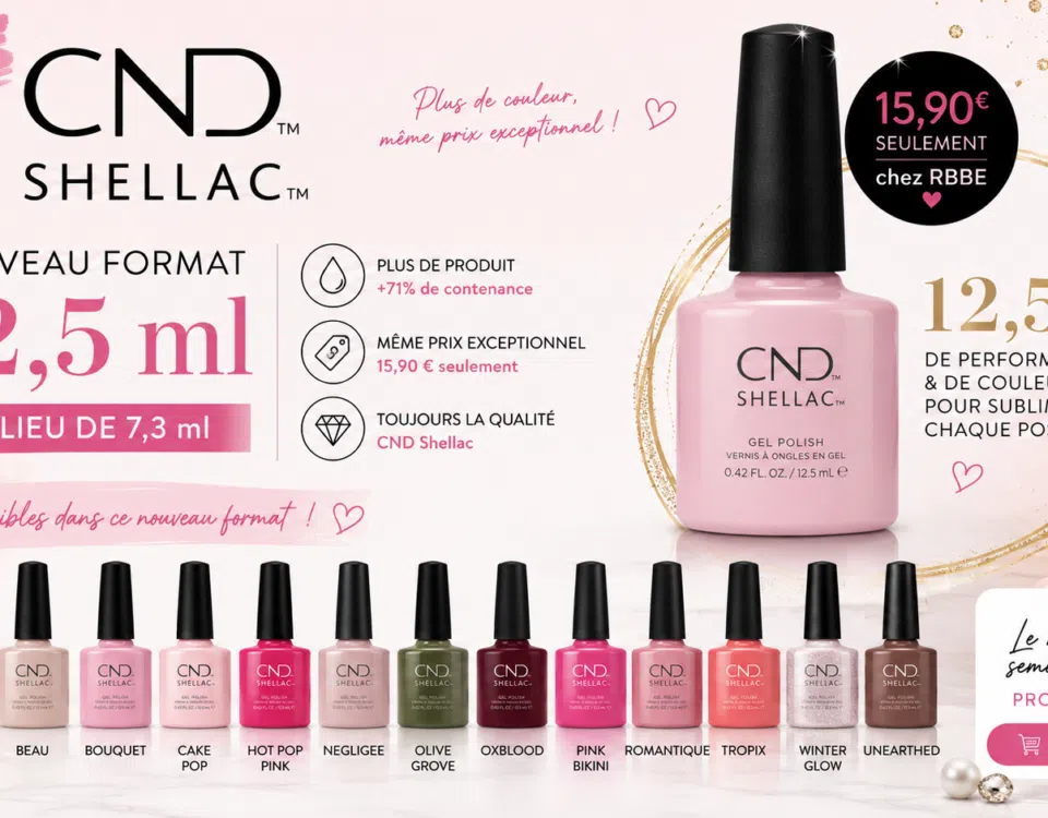 Nouveau format CND Shellac 12,5 ml au lieu de 7,3 ml, disponible à 15,90 € chez RBBE