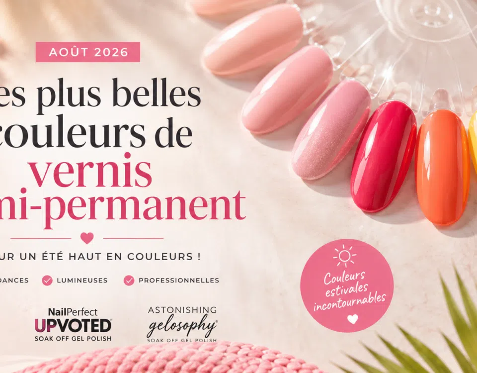 Nuancier des plus belles couleurs de vernis semi-permanent pour août 2026 avec des teintes Shellac, Upvoted et Gelosophy