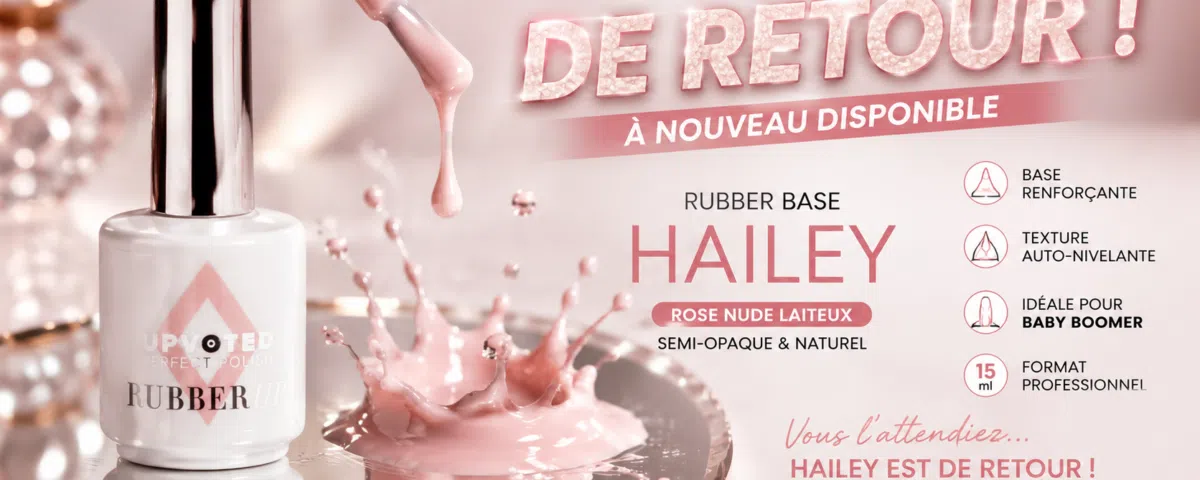 NailPerfect Rubber Base Hailey rose nude laiteux 15 ml à nouveau disponible chez RBBE