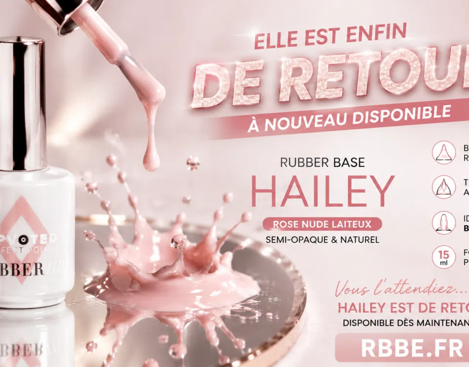 NailPerfect Rubber Base Hailey rose nude laiteux 15 ml à nouveau disponible chez RBBE